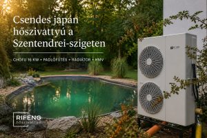 Chofu 16 kW-os japán levegő-víz hőszivattyú Pócsmegyeren természetközeli családi háznál, kerti tó mellett
