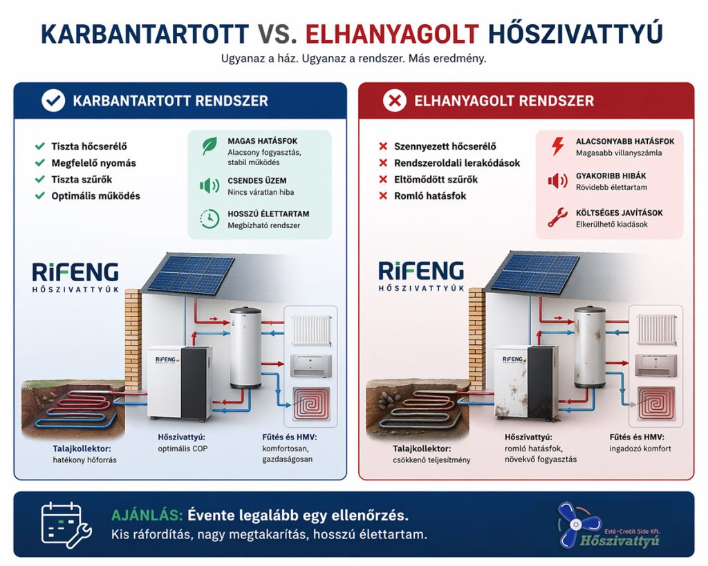 Hőszivattyú karbantartott és elhanyagolt rendszer összehasonlítása – hatásfok, költség és élettartam különbségek
