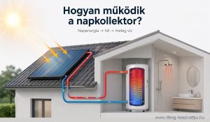 Napkollektor működése ábra – napenergia hővé alakítása és melegvíz készítés folyamata