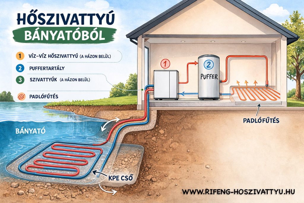 Víz-víz hőszivattyú működése bányatóval – kollektor cső a tóban, hőszivattyú a házban, padlófűtés