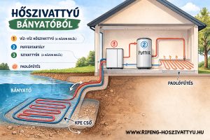 Víz-víz hőszivattyú működése bányatóval – kollektor cső a tóban, hőszivattyú a házban, padlófűtés