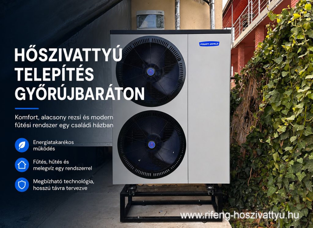 Levegő-víz hőszivattyú telepítés modern családi házhoz – energiatakarékos fűtés, hűtés és melegvíz egyetlen rendszerrel.