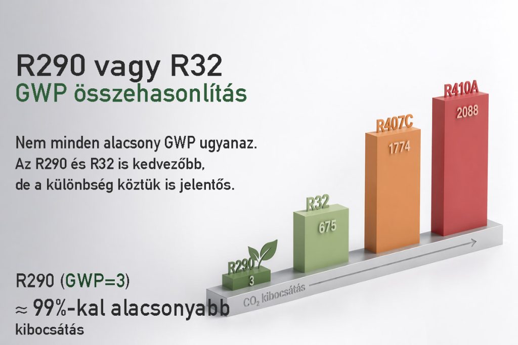 Nem minden alacsony GWP ugyanaz. Az R290 és R32 is kedvezőbb, de a különbség köztük is jelentős.
