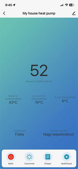 Valós üzemi állapot: 52°C előremenő vízhőmérséklet radiátoros rendszerhez.