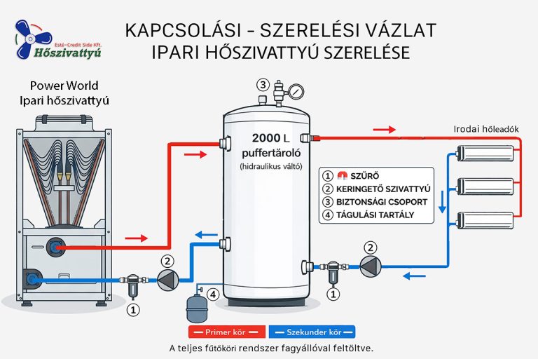 Ipari levegő-víz hőszivattyú kapcsolási rajz 2000 literes puffertárolóval és fan-coil rendszerrel