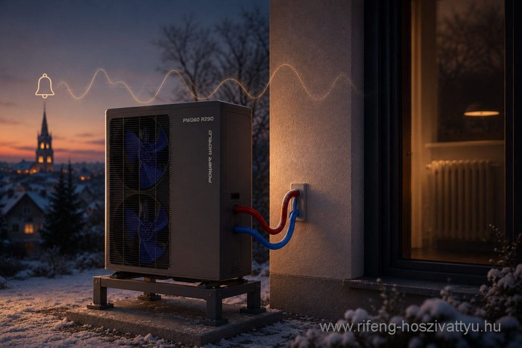 Power World PW060 R290 hőszivattyú radiátoros családi háznál téli esti környezetben Budapesten