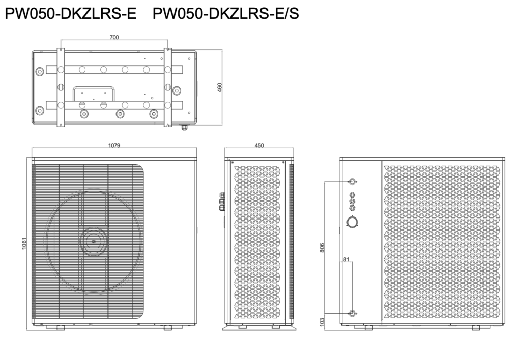 PW050-DKZLRS-E 14,8 kW-os hőszivattyú méretek (230V/380V)