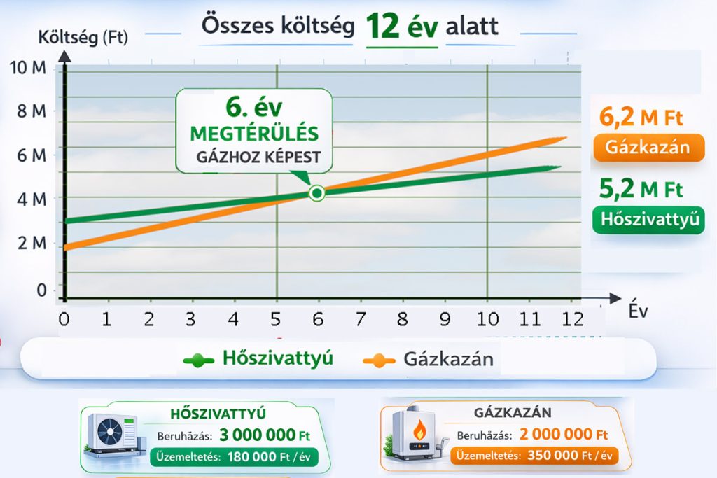 Hőszivattyú és gázkazán teljes fűtési költségének összehasonlítása 12 év alatt