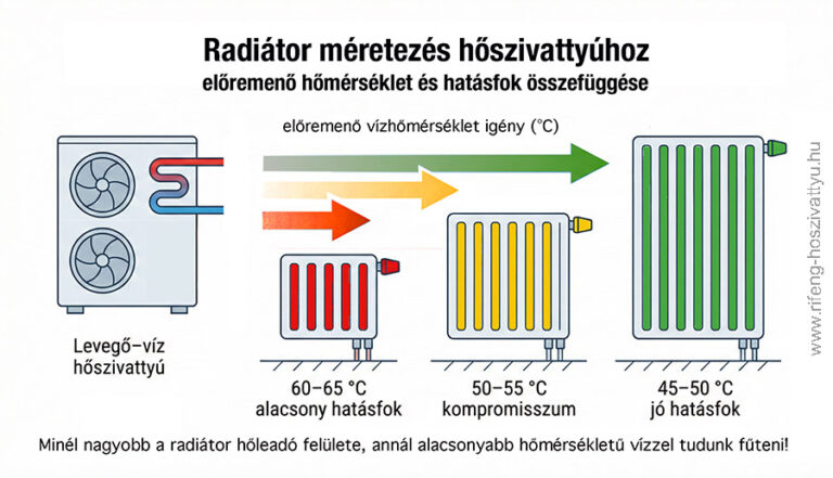Radiátor méretezés hőszivattyúhoz – radiátor méret, előremenő vízhőmérséklet és hatásfok kapcsolata