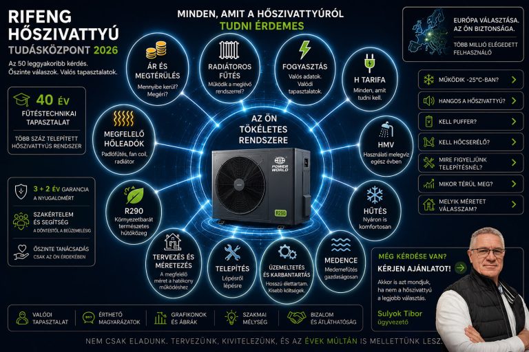 Rifeng Hőszivattyú Tudásközpont interaktív tudástérképe, amely a hőszivattyú árát, fogyasztását, radiátoros fűtését, H tarifa tudnivalóit, telepítését és karbantartását egyetlen áttekinthető ábrán mutatja be.