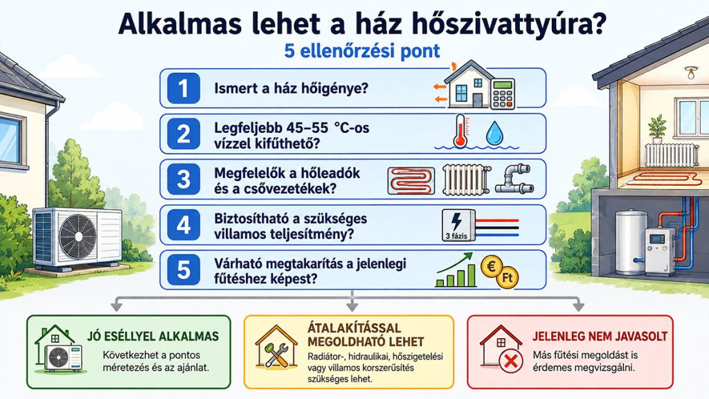 Öt ellenőrzési pont annak eldöntéséhez, hogy alkalmas lehet-e a ház hőszivattyús fűtésre