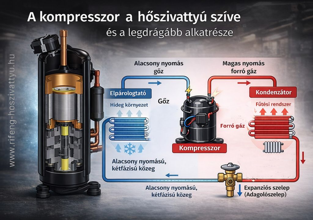 Hőszivattyú kompresszor működése – hűtőközeg körfolyamat ábra elpárologtatóval, kondenzátorral és expanziós szeleppel