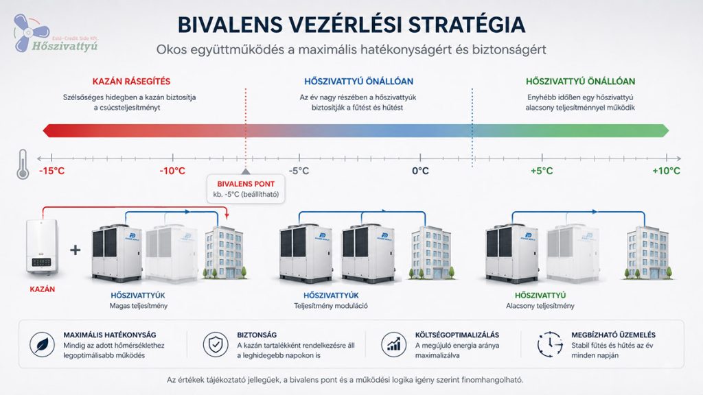 A "bivalens" működés lényege, hogy a hőszivattyú és gázkazán összehangoltan működik.