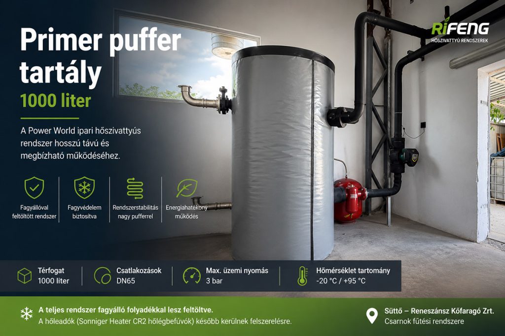 1000 literes szigetelt primer puffertartály Power World ipari hőszivattyús rendszerhez, fagyállós primer körrel