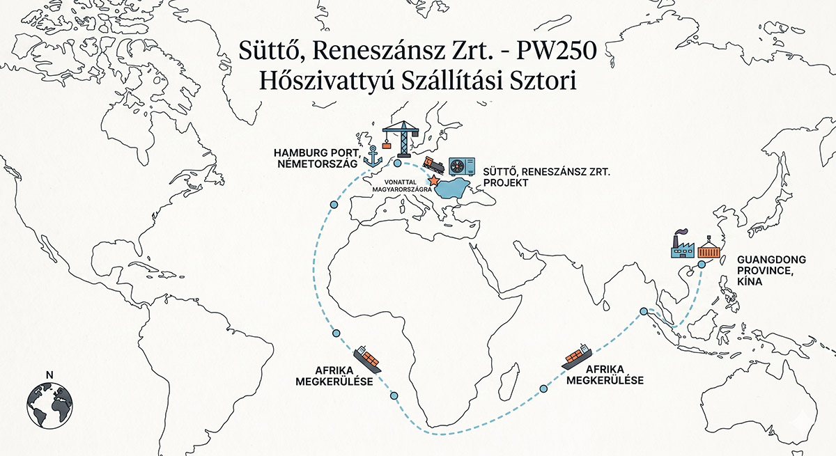 PW250 hőszivattyú szállítási útvonala Kínából Süttőre