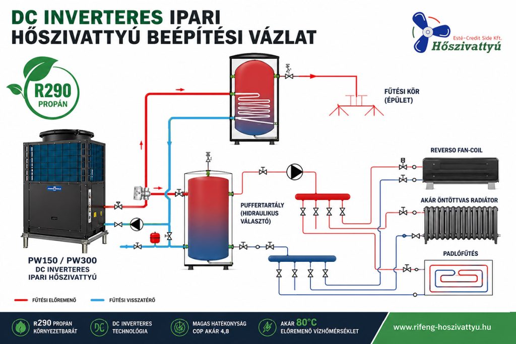 DC inverteres ipari R290 propán hőszivattyú beépítési vázlat