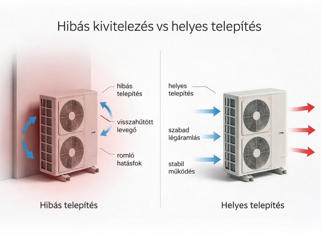 Hibás és helyes hőszivattyú telepítés összehasonlítása – légáramlás és hatásfok különbségek