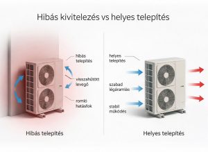 Hibás és helyes hőszivattyú telepítés összehasonlítása – légáramlás és hatásfok különbségek