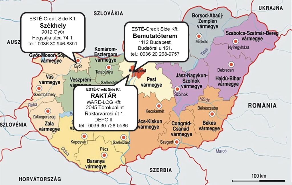 ESTÉ-Credit Side Kft székhely, bemutató terem és raktár