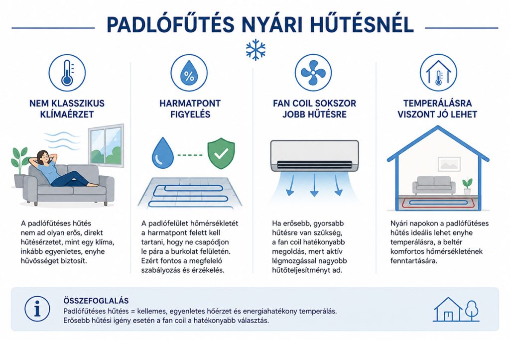 Padlófűtő csöveken keresztül padlóhűtés nyári kánikulában