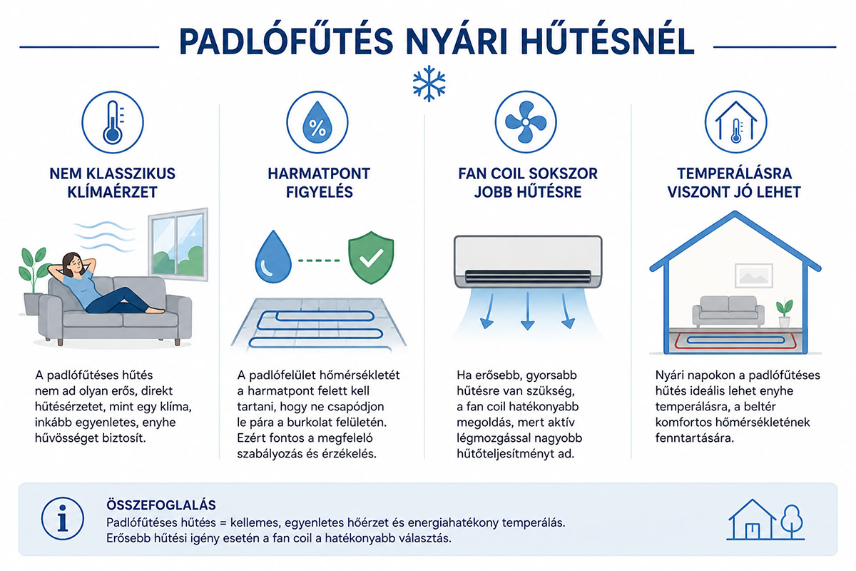 Padlófűtő csöveken keresztül padlóhűtés nyári kánikulában