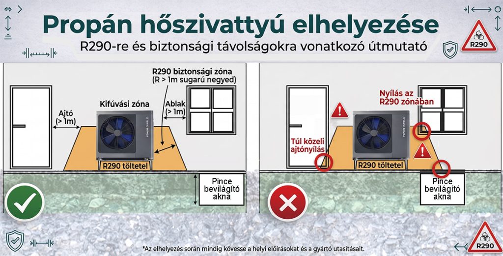 Propán hőszivattyú elhelyezése, védőtávolsággal
