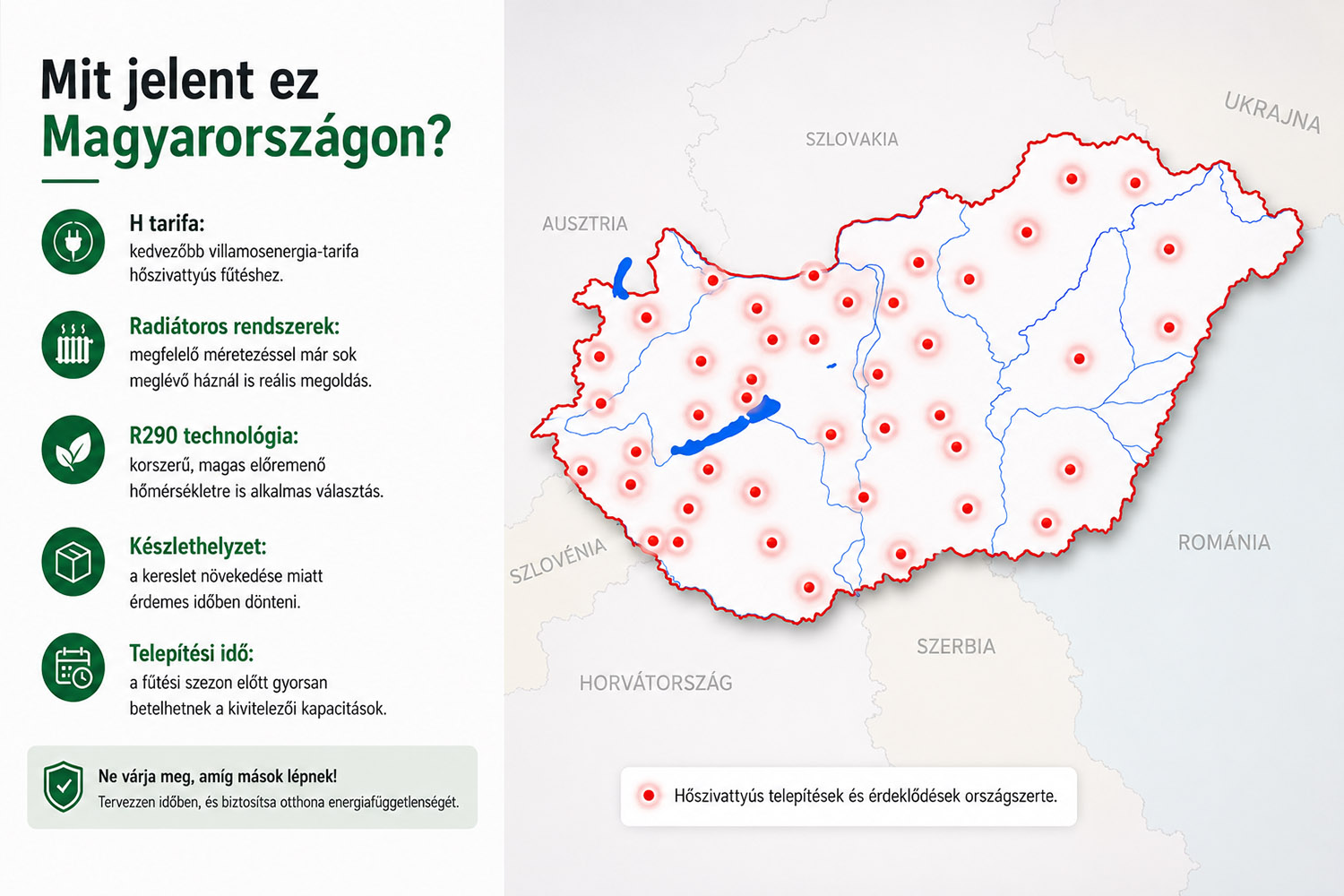 Hőszivattyús telepítések Magyarország térképén piros jelölésekkel