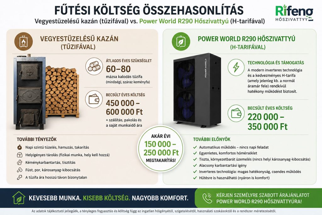 Fűtési költség összehasonlítás: Vegyestüzelésű kazán vs. Power World R290 Hőszivattyú (H-tarifával