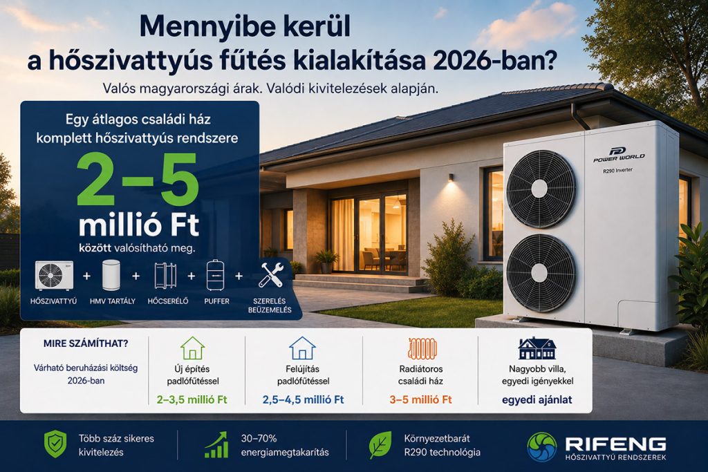 Mennyibe kerül a hőszivattyús fűtés kialakítása 2026-ban? Egy átlagos családi ház komplett hőszivattyús rendszere Magyarországon jellemzően 2–5 millió Ft között valósítható meg.