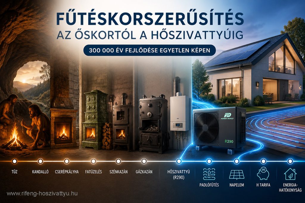 Fűtéskorszerűsítés az őskori tűztől a modern levegő-víz R290 hőszivattyúig – a fűtéstechnika fejlődése egyetlen idővonalon