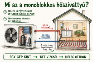 A monoblokkos hőszivattyú teljes hűtéstechnikai rendszere a kültéri készülékben található, a megtermelt hőt pedig víz vagy fagyálló folyadék vezeti a házba.