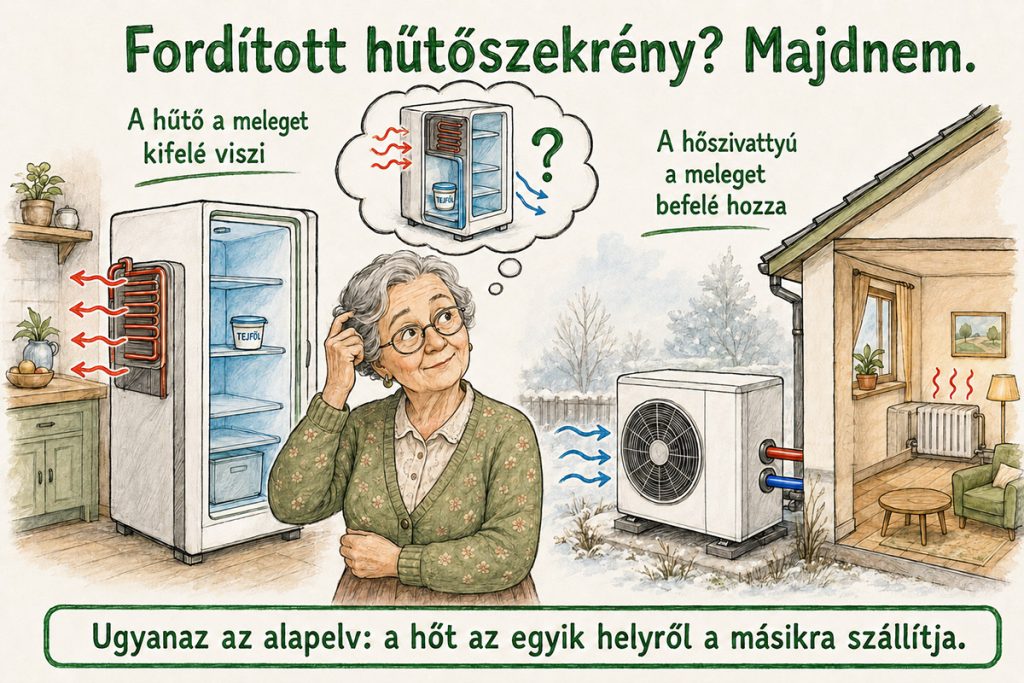 A hőszivattyú működése egy fordított hűtőszekrényhez hasonlít