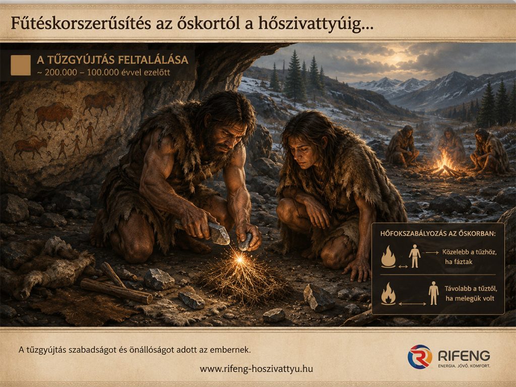 Ősember kovakővel tüzet csihol – a tűzgyújtás feltalálása és az első tudatos fűtésszabályozás