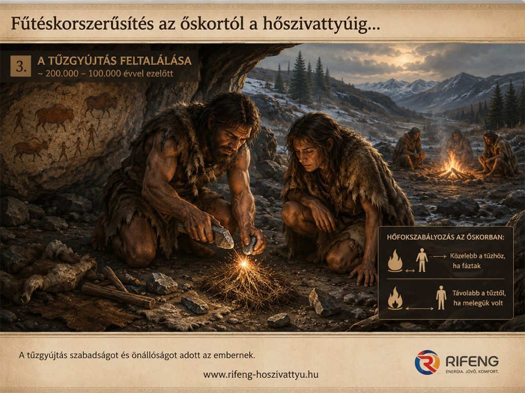 Ősember kovakővel tüzet csihol – a tűzgyújtás feltalálása és az első tudatos fűtésszabályozás